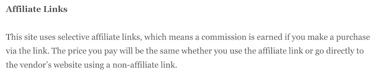 A screenshot of an example of disclosure of affiliate links on a website