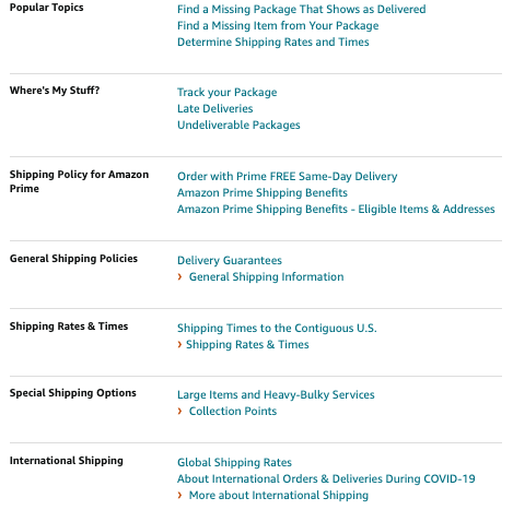 A screenshot of Amazon's shipping policy