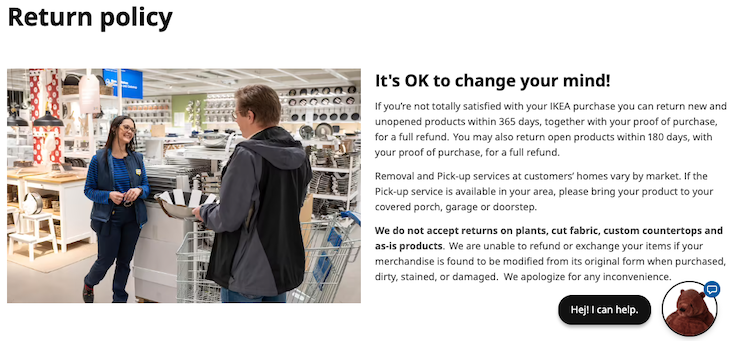A screenshot of Ikea's return policy as shown on their website.