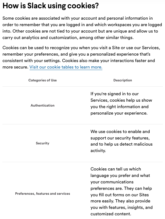 A screenshot of a portion of the cookie policy from Slack