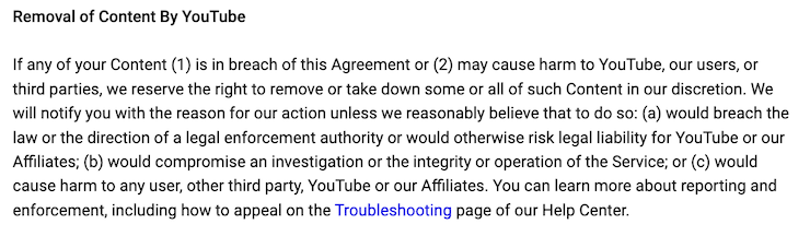 YouTube's terms and conditions agreement