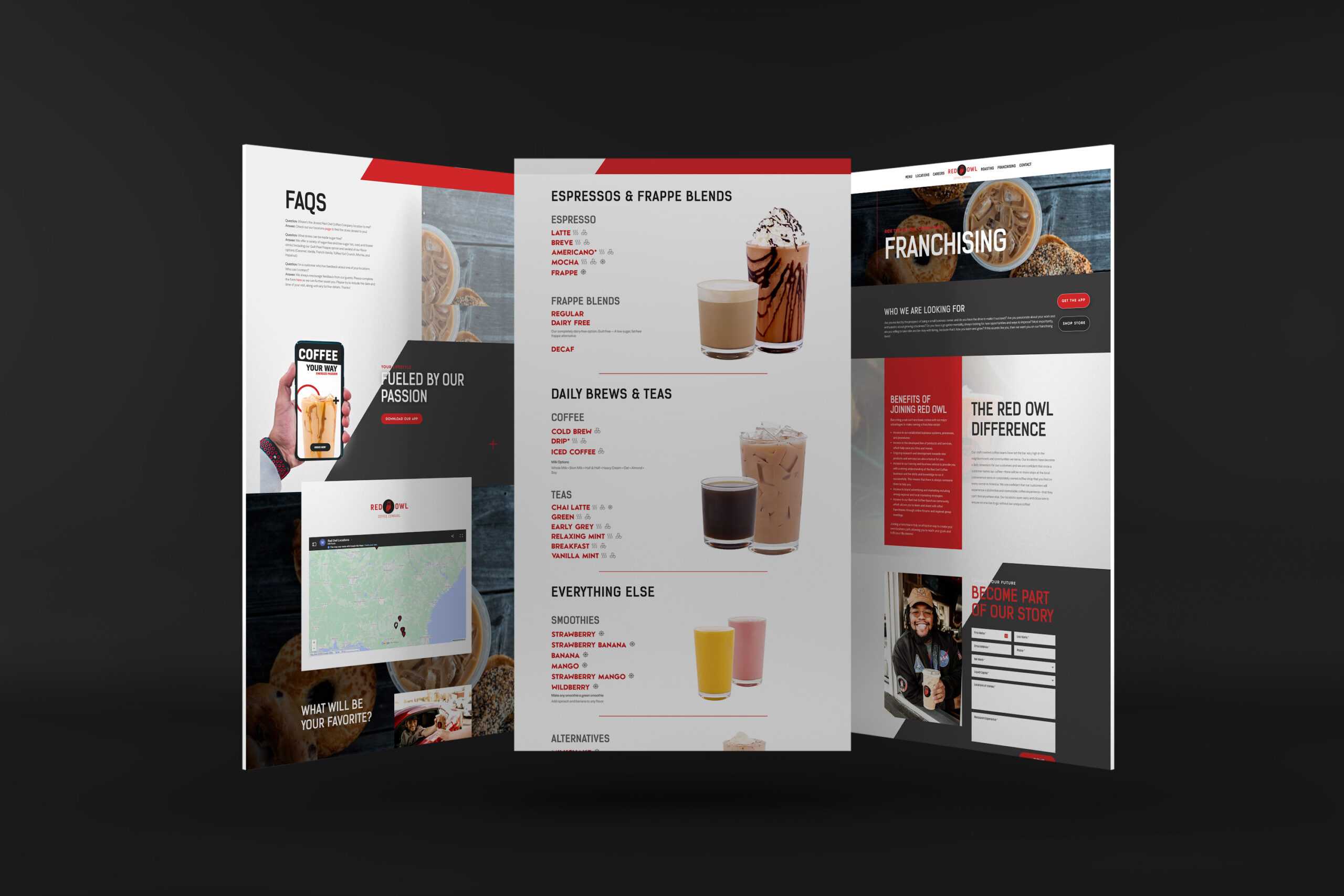 Screenshots of the Homepage, Menu page, and Roasting page from Red Owl Coffee Company's website designed by Riverworks.