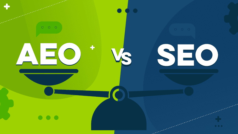 A graphic designed for Riverworks Marketing Group with the text “aeo vs seo”