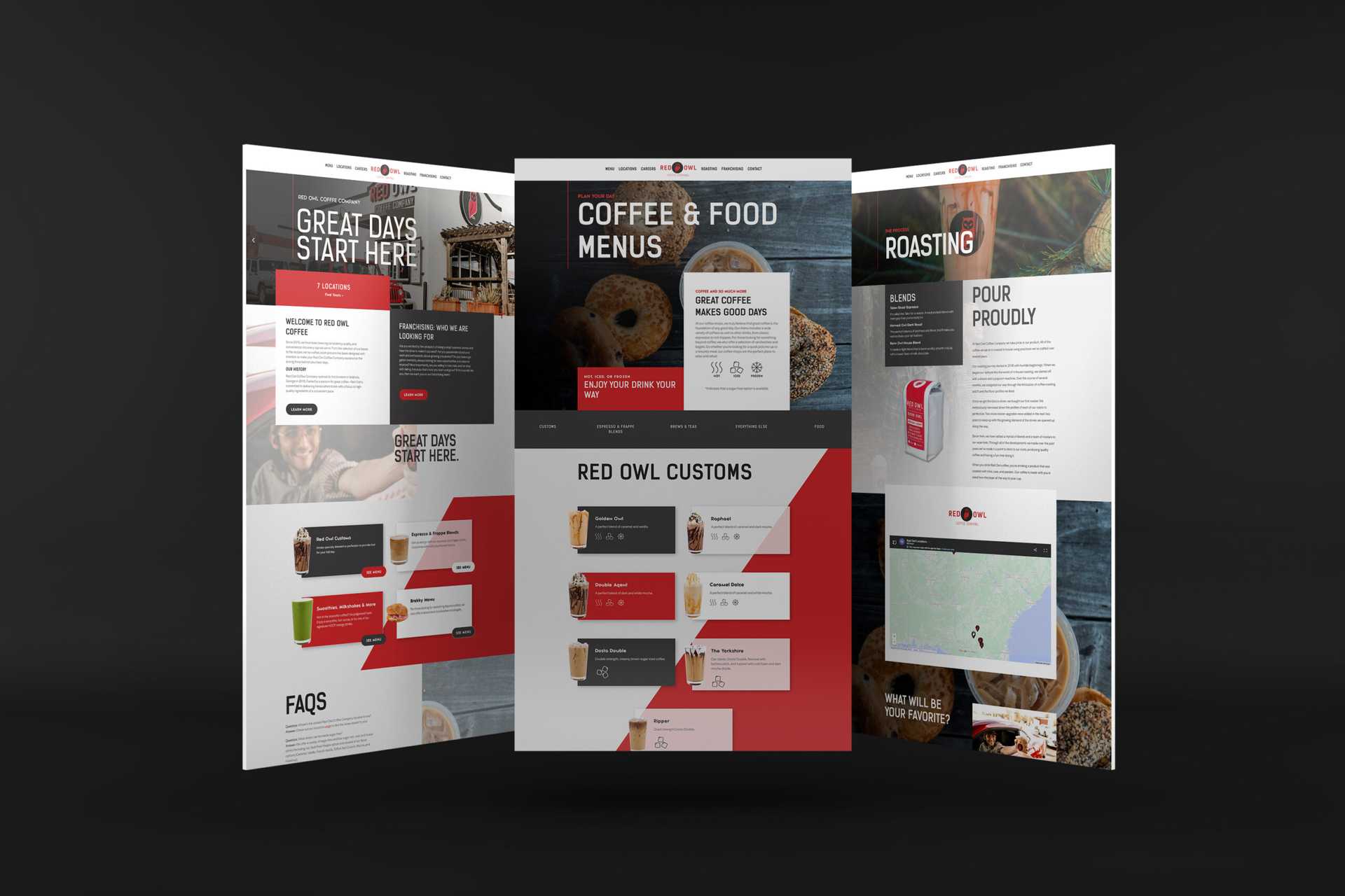 Screenshots of the Homepage, Menu page, and Roasting page from Red Owl Coffee Company's website design by Riverworks.