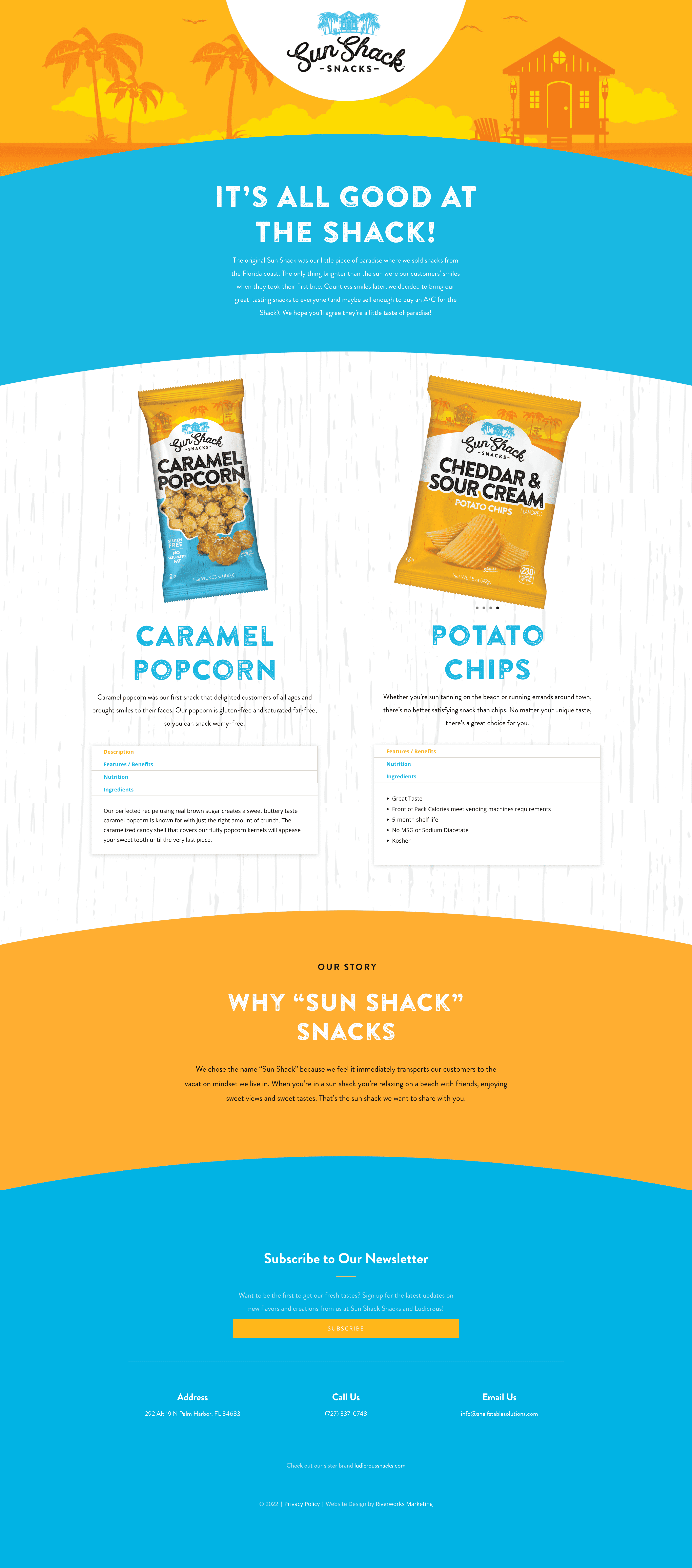 Website design portfolio. Snack food website Sun Shack Snacks