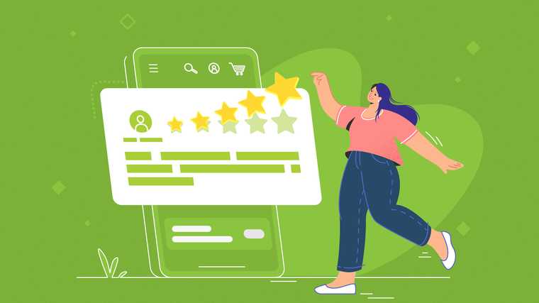An illustration of a 5 star review floats off a mobile phone. A woman's hand touches the last star floating up from the review. Let Riverworks Marketing help with your brand reputation management.